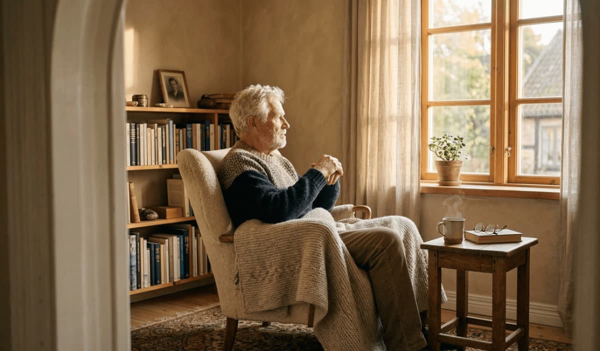 Elderly man sitting in armchair looking out the window