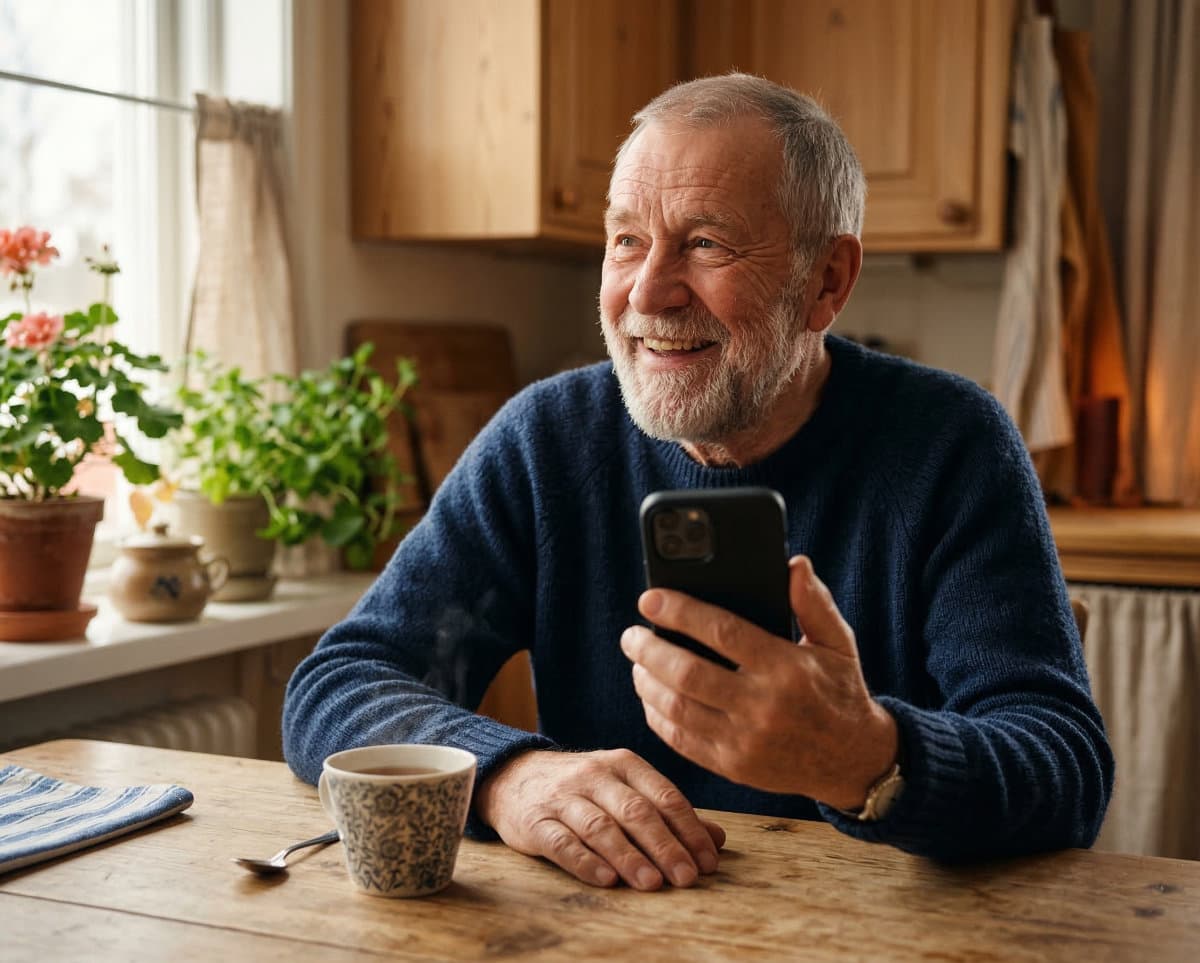 Elderly hands resting on a wooden table with a phone nearby
